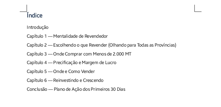 Amostra real do manual: índice com os seis capítulos e o plano de acção dos primeiros 30 dias